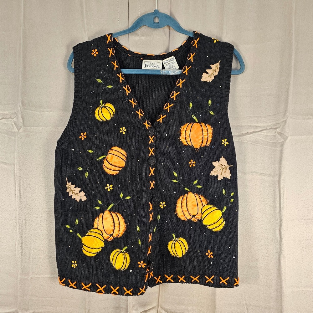 Vintage Basic Editions Black Halloween Pumpkin Sweater Vest XL‎
